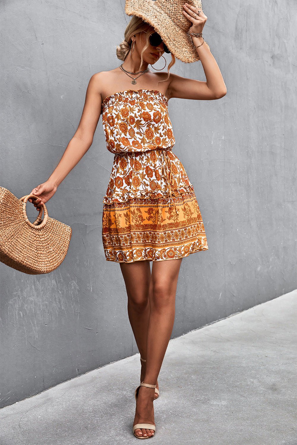 Bohemian Strapless Dress with Frill Trim