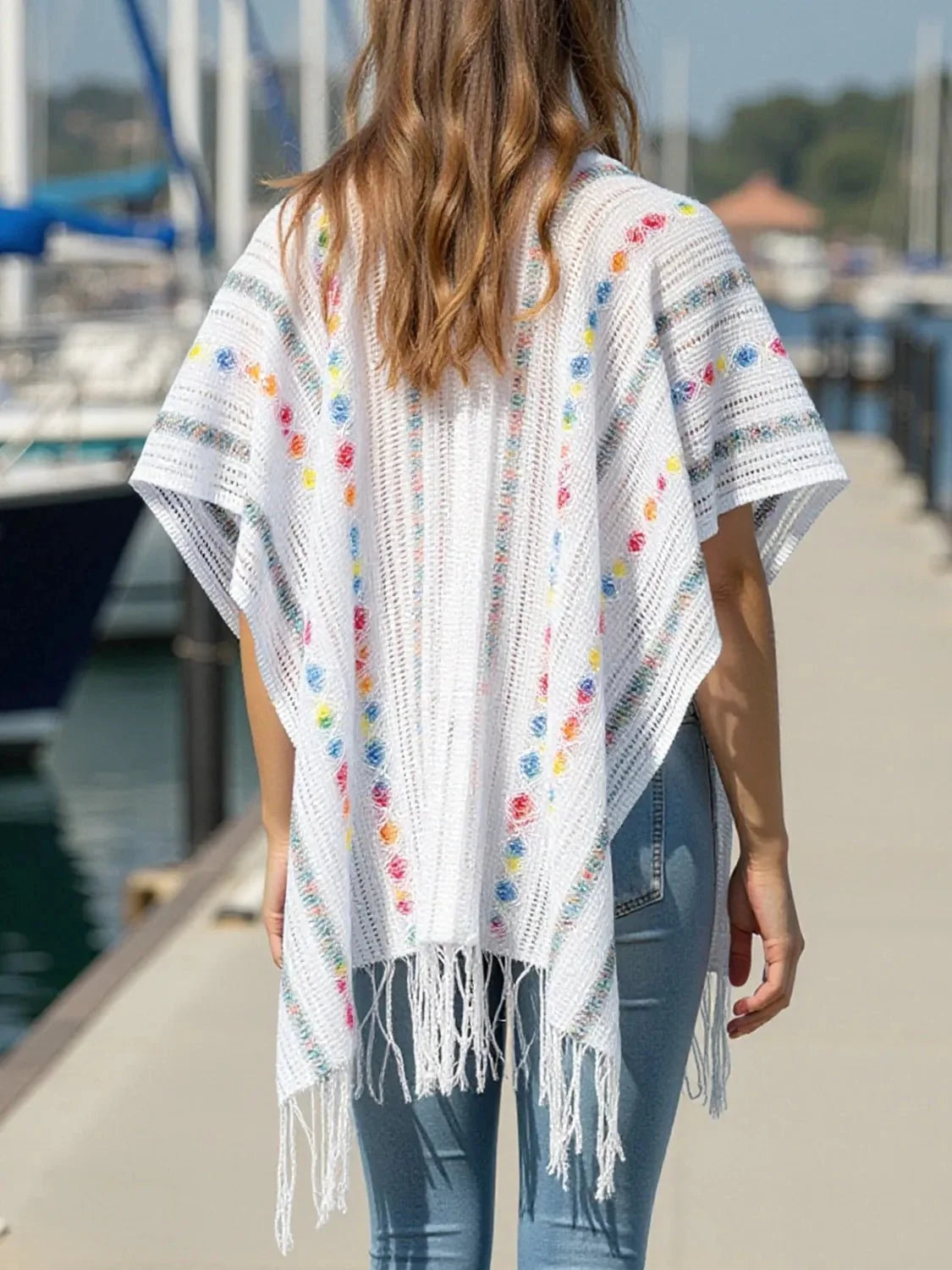 Openwork Fringe Knit Cape with Open Front Design