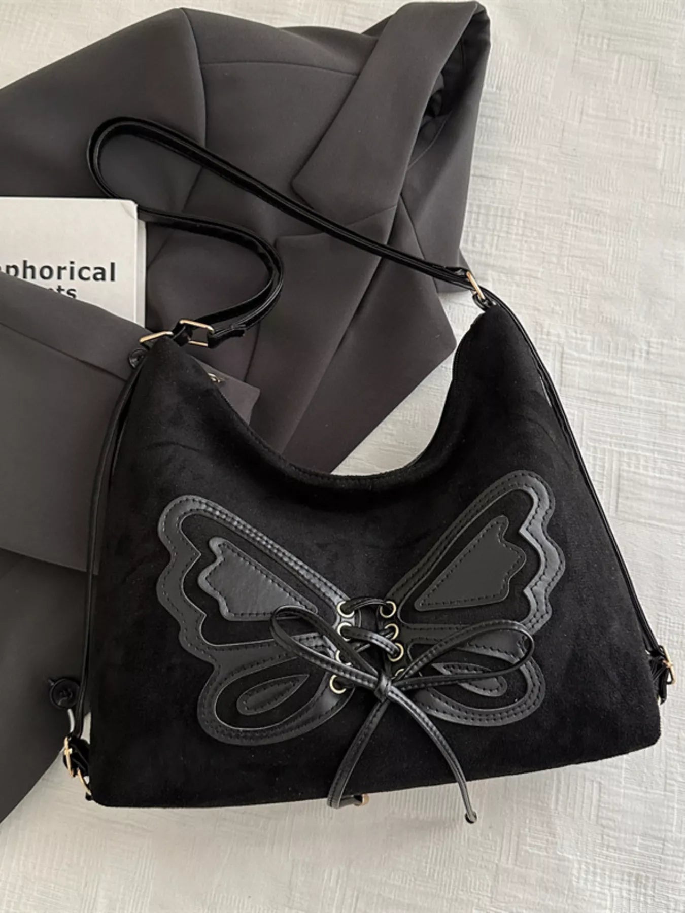Butterfly Decor Shoulder Bag with Lace-Up Design
