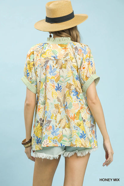 Umgee Mix Boho Printed V-Neck Top