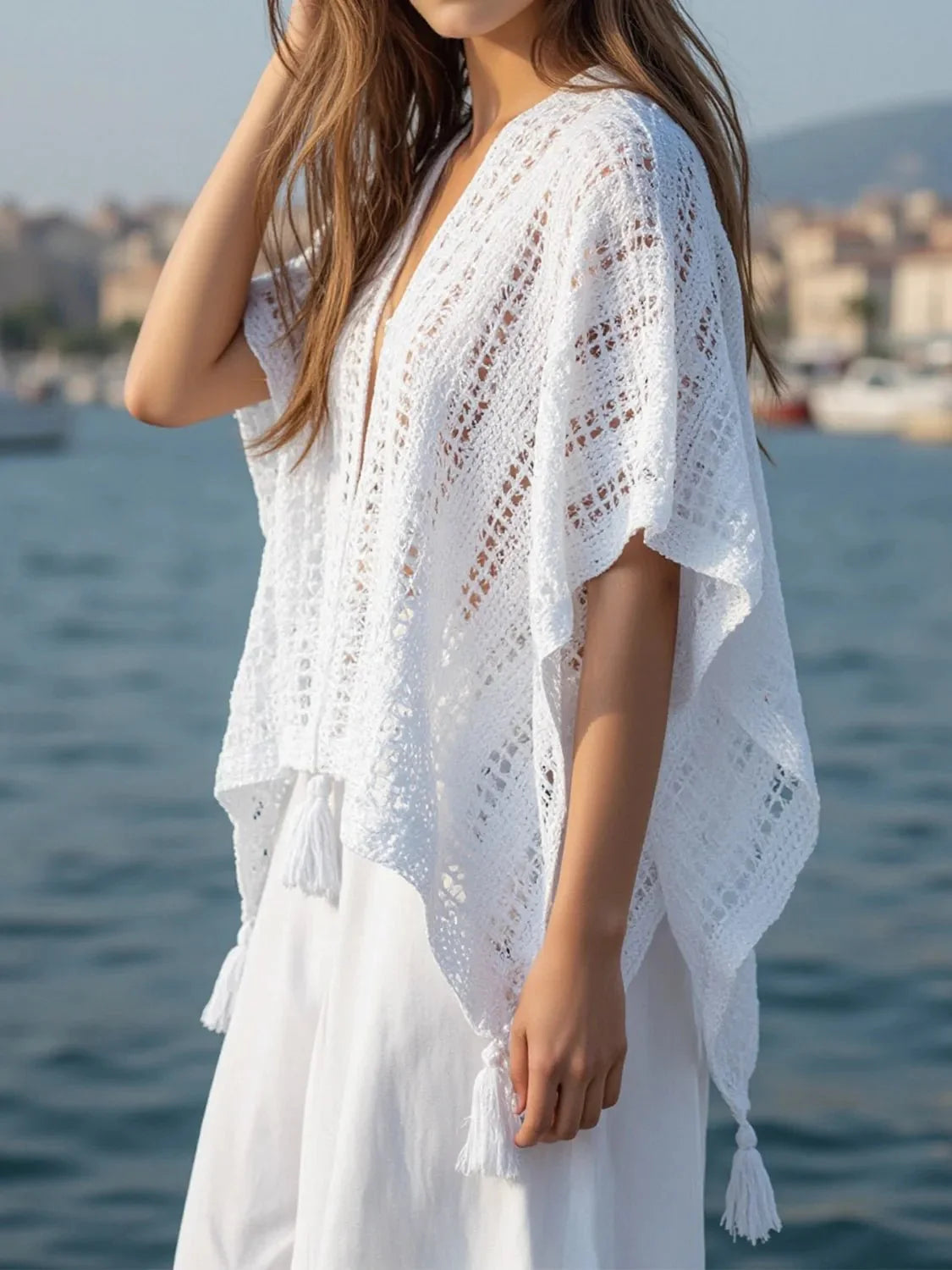 Openwork Tassel Open Front Knit Cover Up for Effortless Style