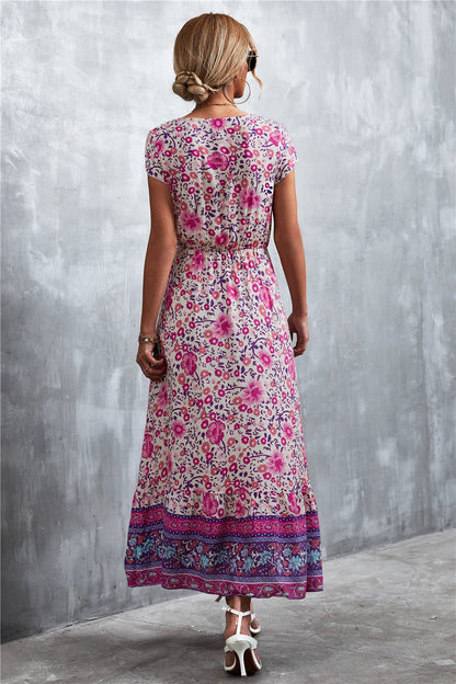 V-Neck Maxi Dress with Short Sleeves and Stunning Print