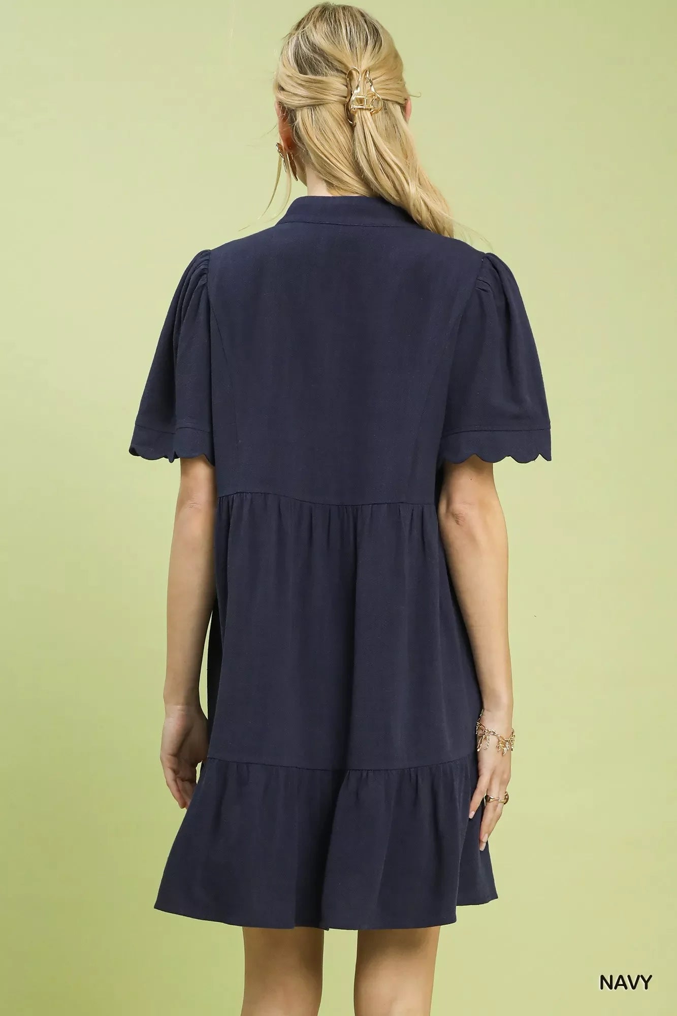 Umgee Linen Babydoll Dress with Scalloped Sleeves - Tiered Design