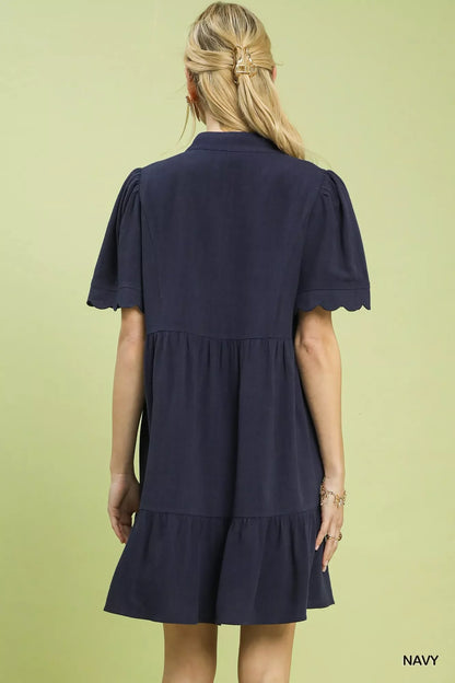 Umgee Linen Babydoll Dress with Scalloped Sleeves - Tiered Design