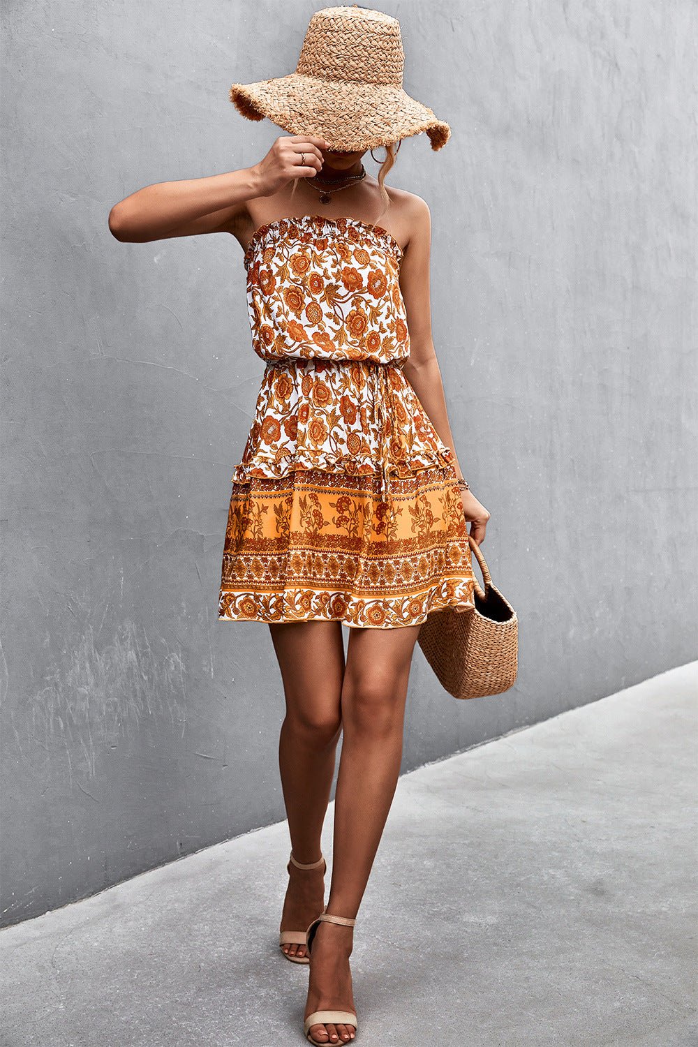 Bohemian Strapless Dress with Frill Trim