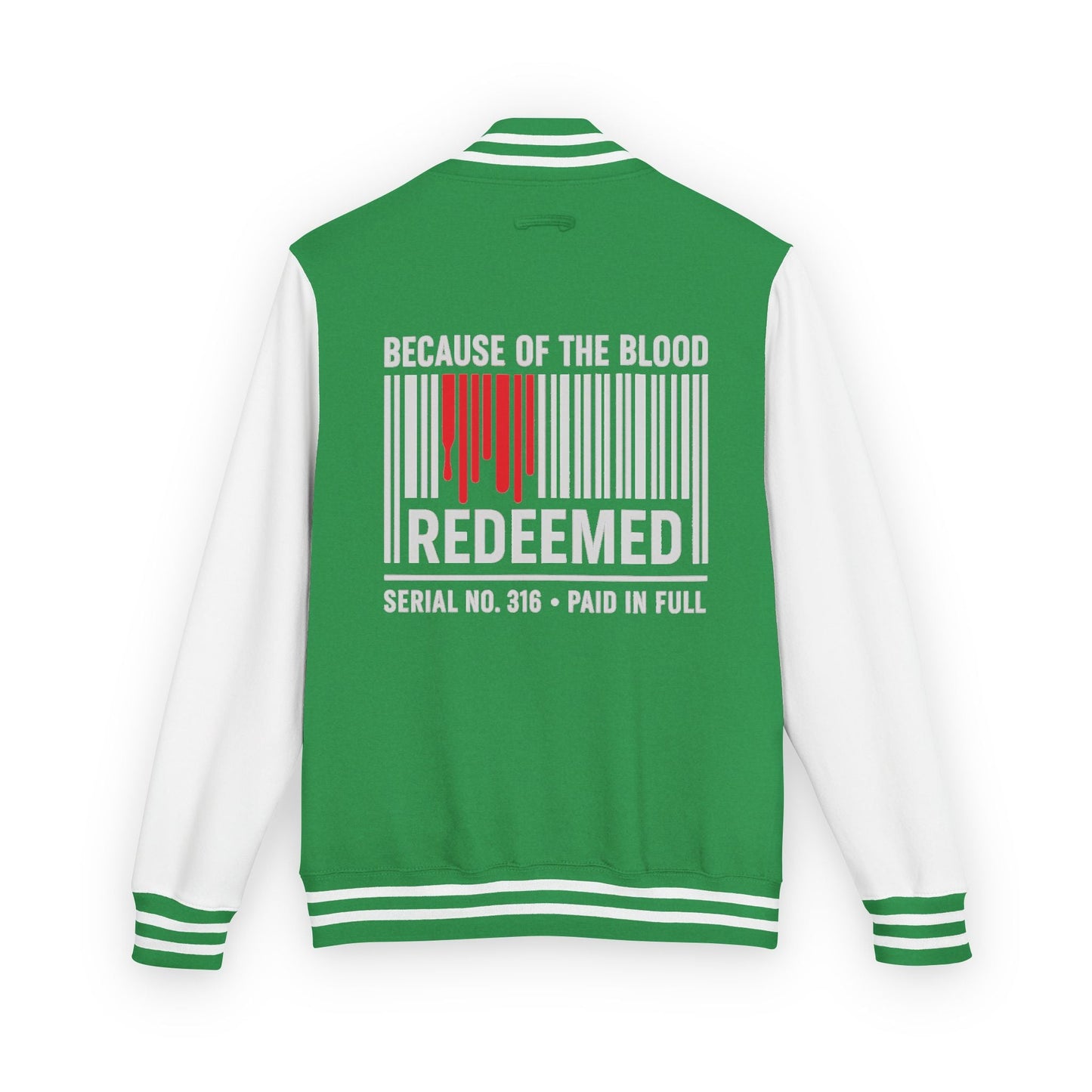 Redeemed Varsity Jacket — Because of the Blood Inspirational Letterman