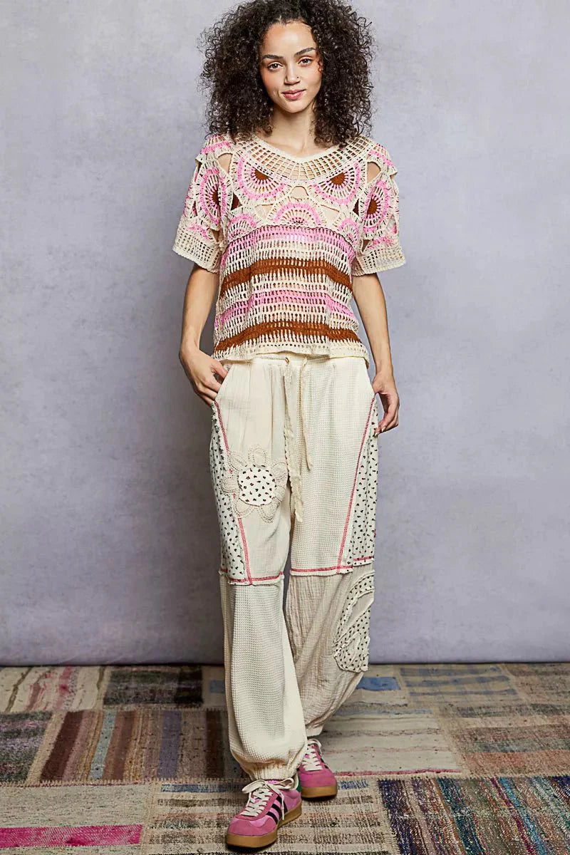Weave Pattern Crochet Top with Short Sleeves and Border Accents