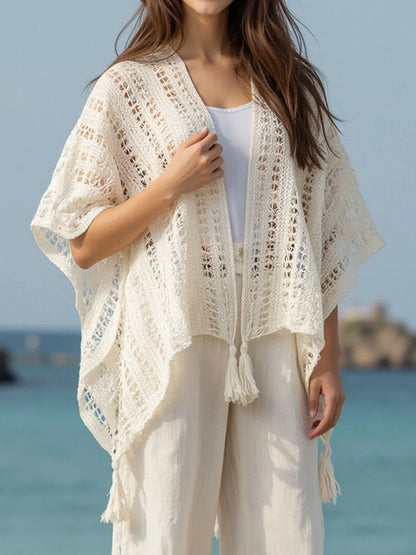 Openwork Tassel Open Front Knit Cover Up for Effortless Style