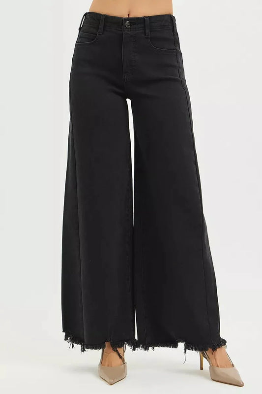 RISEN Tummy Control High Rise Palazzo Leg Frayed Hem Jeans - Stylish Tummy Control High Rise Jeans