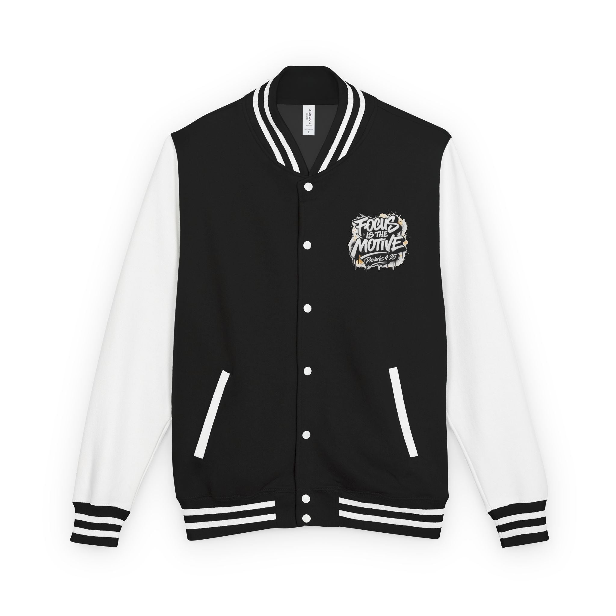 Focus Is The Motive Varsity Jacket — Proverbs 4:25 Inspirational Letterman
