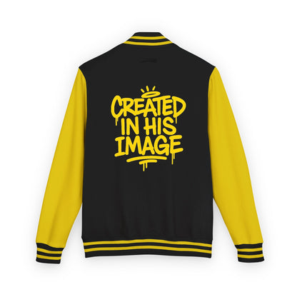 Created In His Image Varsity Jacket — Black & Yellow Inspirational Letterman