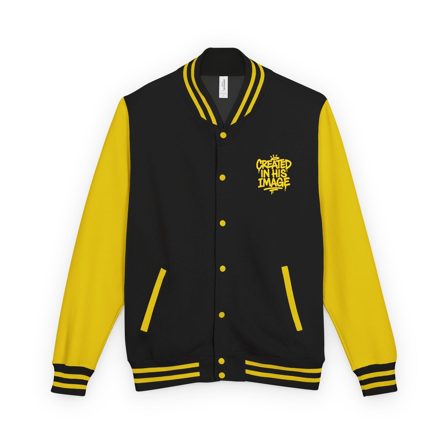 Created In His Image Varsity Jacket — Black & Yellow Inspirational Letterman