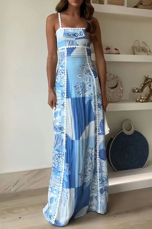 Geometric Print Cutout Back Square Neck Maxi Dress