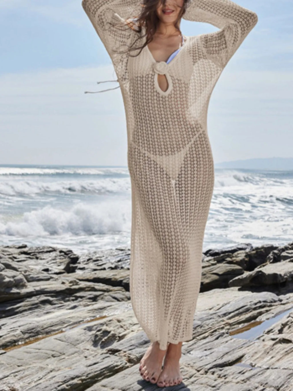 Long Sleeve Backless Cover-Up Dress - Refined Boho Style
