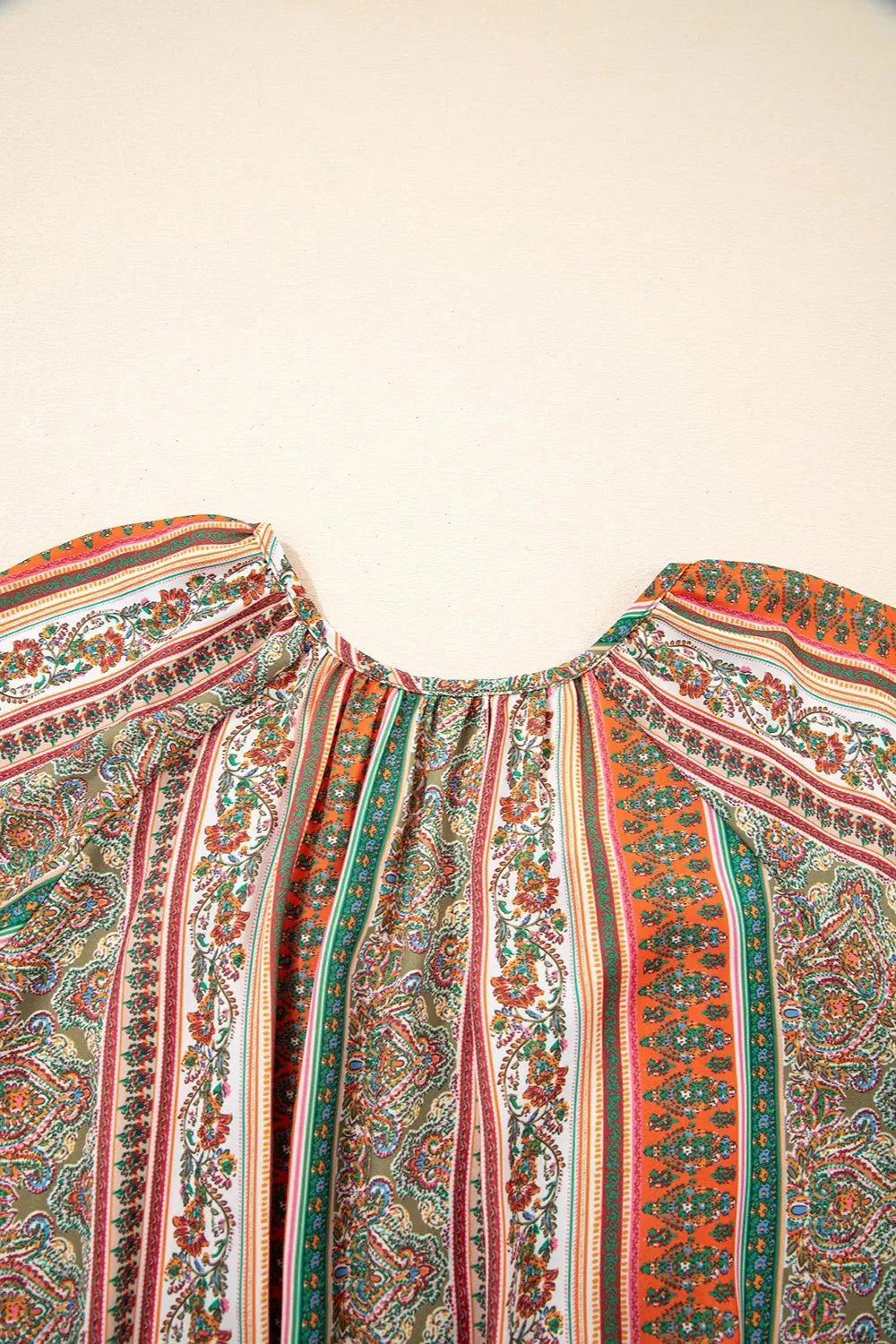 Bohemian Floral Dress with Buttoned V Neck and Ruffle Tiered Design