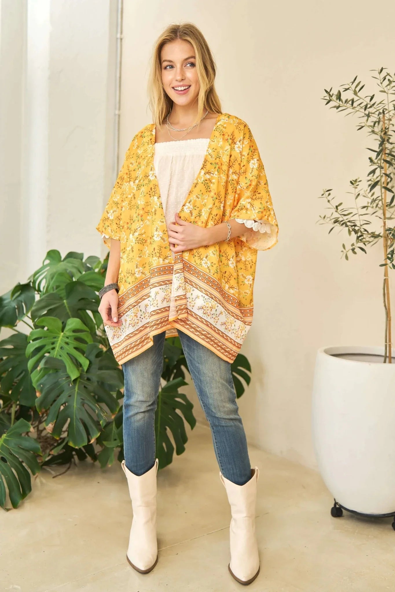Davi & Dani Floral Kimono Cover Up - Short Sleeve Loose Fit