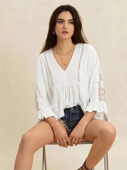 V-Neck Lace Top with Flounce Sleeves
