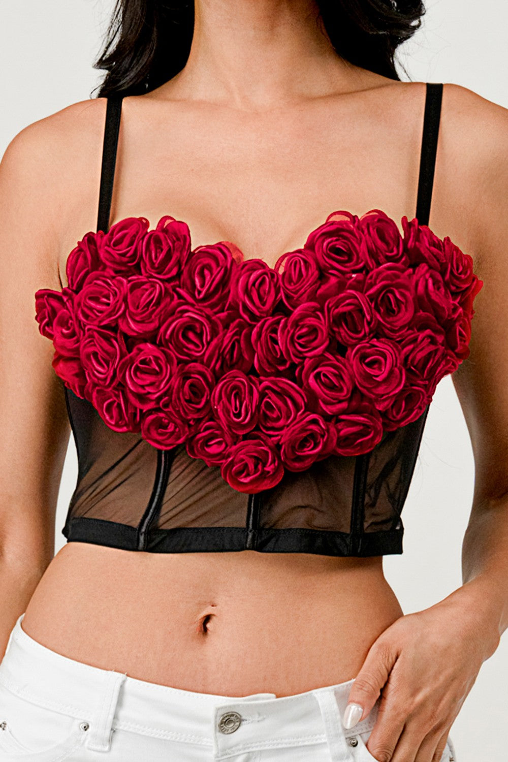 3D Heart Rose & Mesh Cropped Top- Black/Red