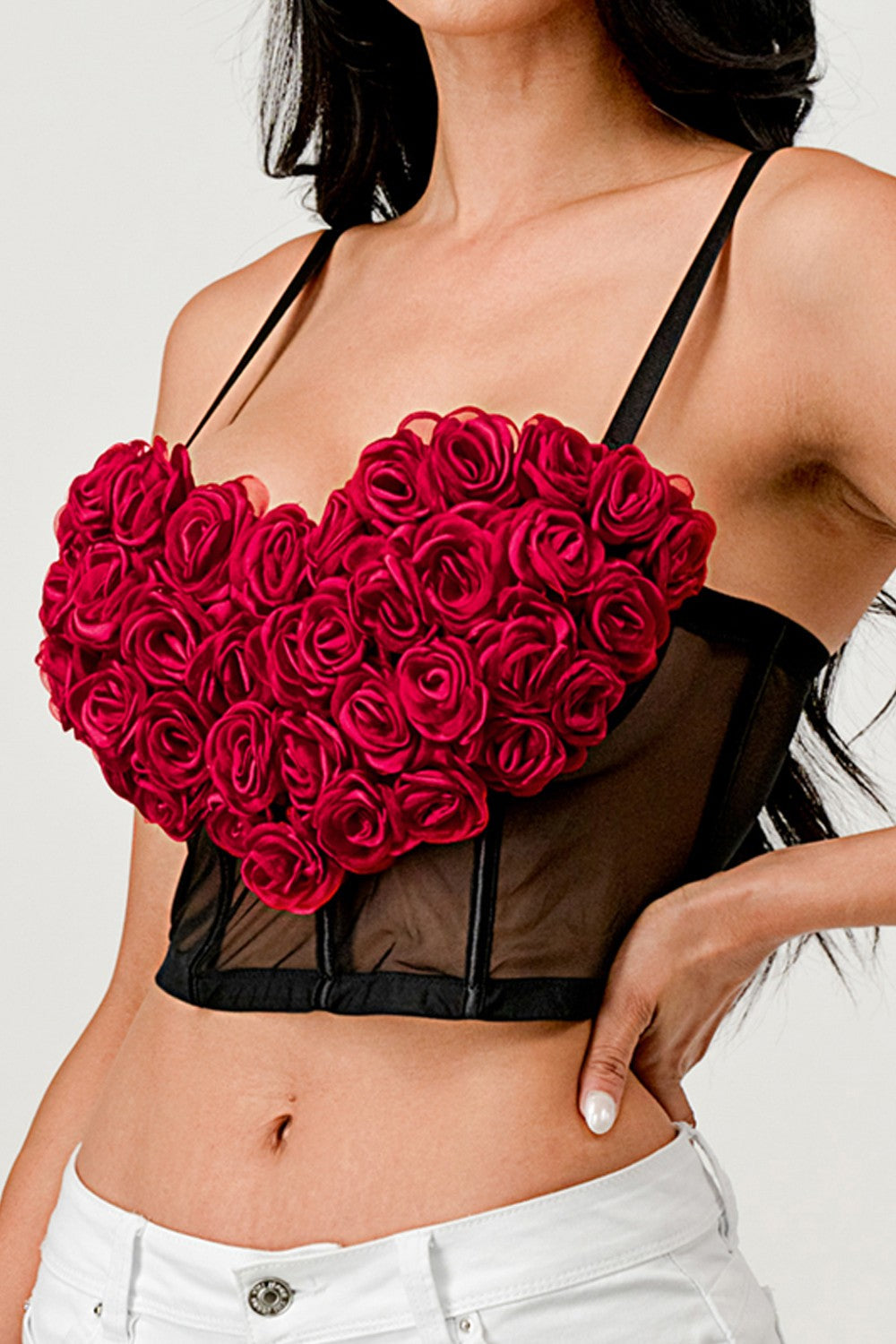3D Heart Rose & Mesh Cropped Top- Black/Red