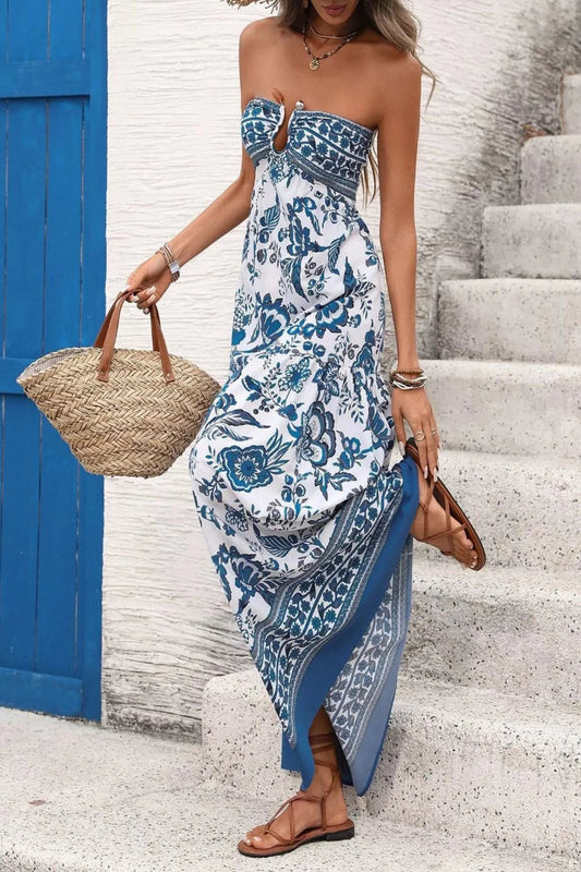Floral Print Maxi Dress - Strapless Elegant Summer Style