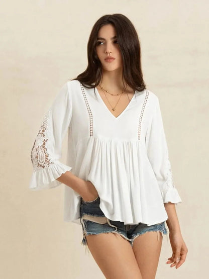 V-Neck Lace Top with Flounce Sleeves