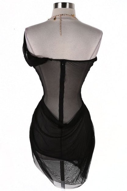 Mesh Halter Mini Chain Jeweled Dress/Lingerie