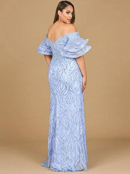 Off Shoulder Mermaid Beaded Gown with Tiered Sleeves