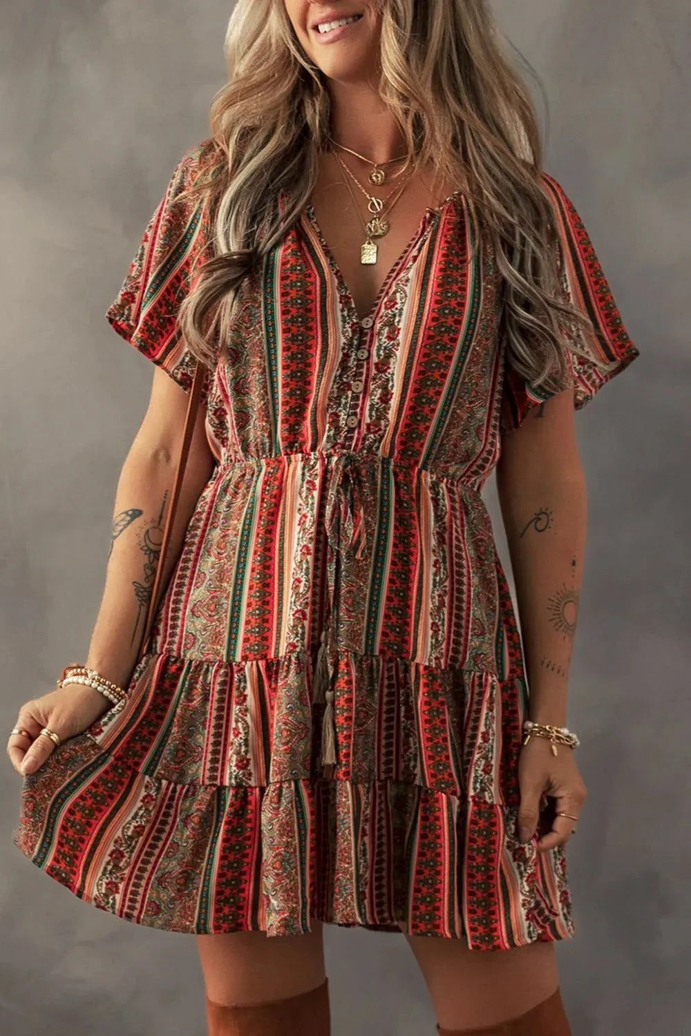 Bohemian Floral Dress with Buttoned V Neck and Ruffle Tiered Design