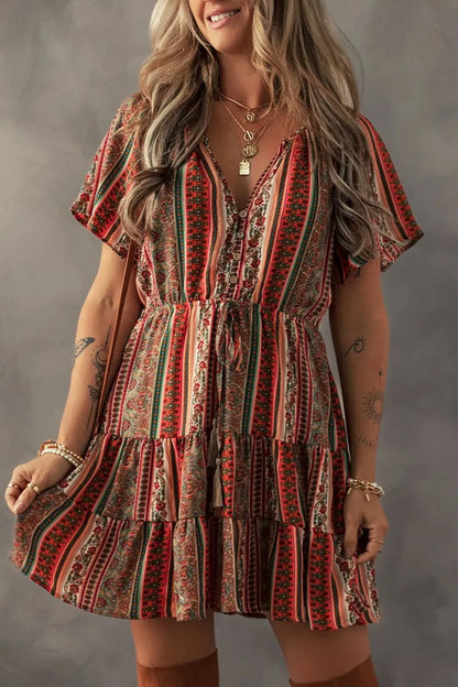 Bohemian Floral Dress with Buttoned V Neck and Ruffle Tiered Design