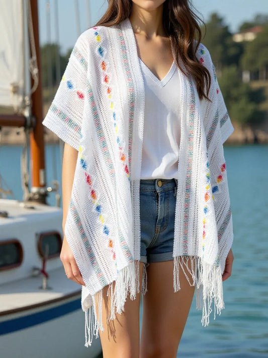 Openwork Fringe Knit Cape with Open Front Design