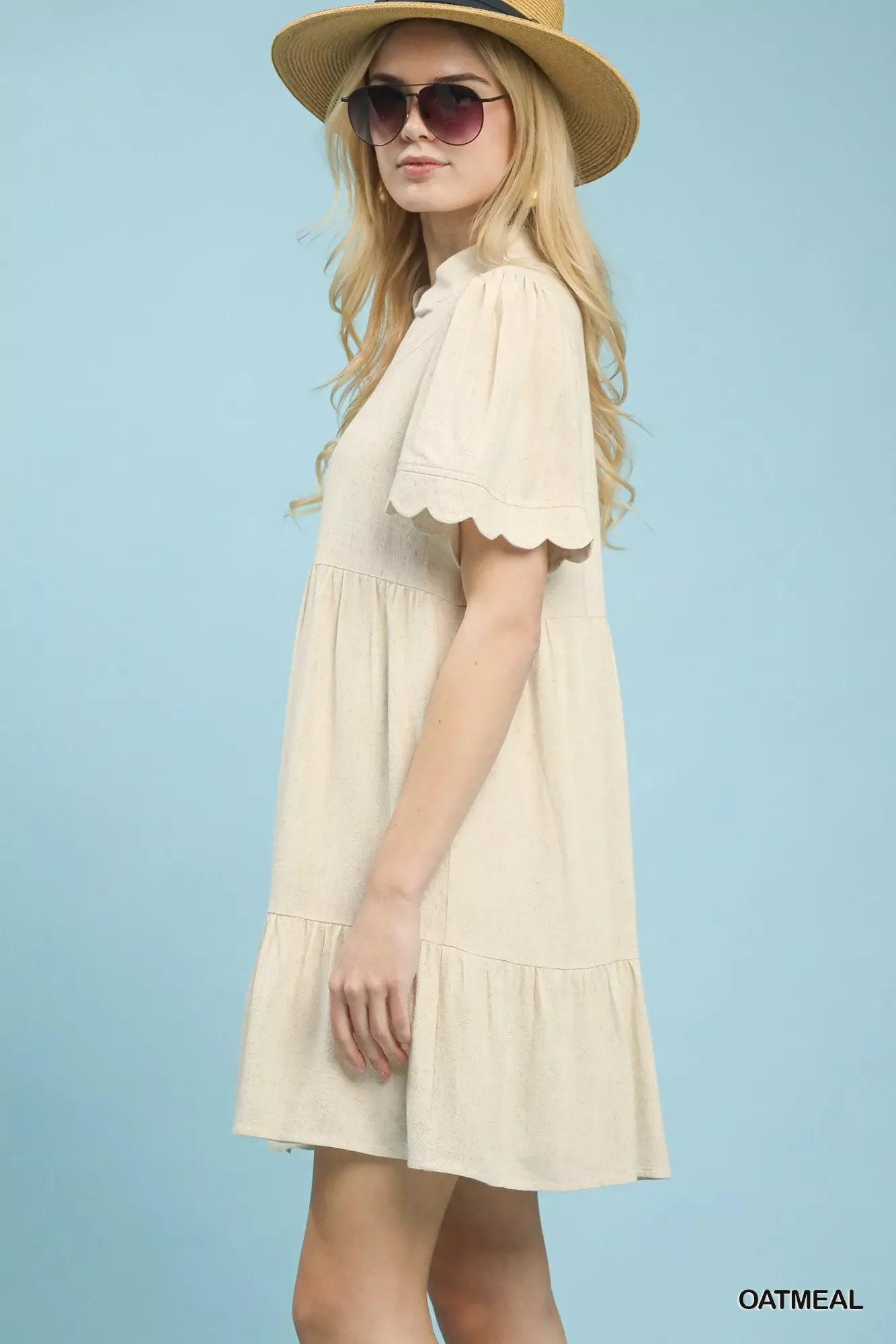 Umgee Linen Babydoll Dress with Scalloped Sleeves - Tiered Style