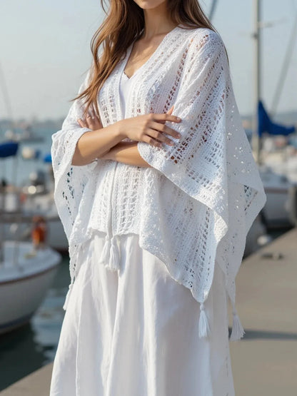 Openwork Tassel Open Front Knit Cover Up for Effortless Style