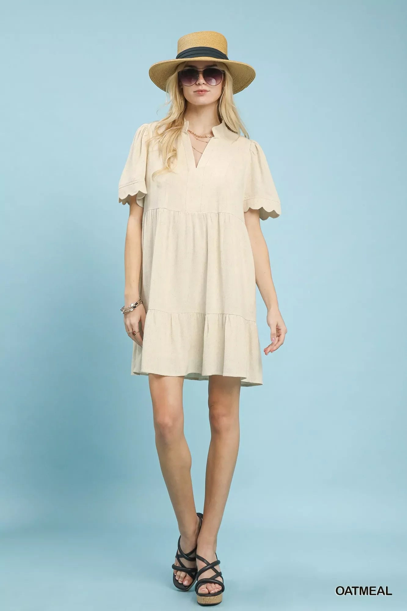 Umgee Linen Babydoll Dress with Scalloped Sleeves - Tiered Style