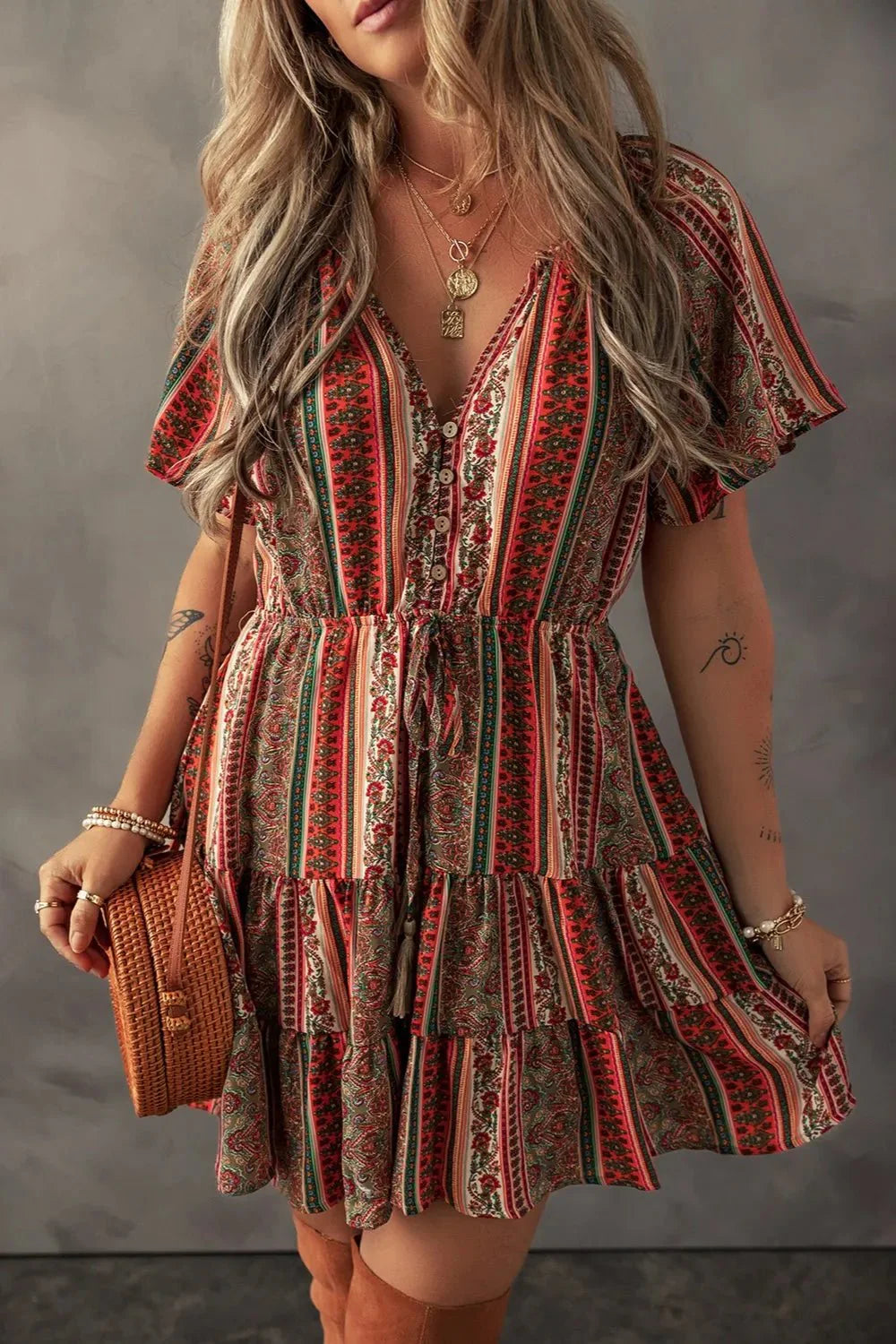 Bohemian Floral Dress with Buttoned V Neck and Ruffle Tiered Design