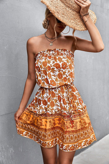 Bohemian Strapless Dress with Frill Trim