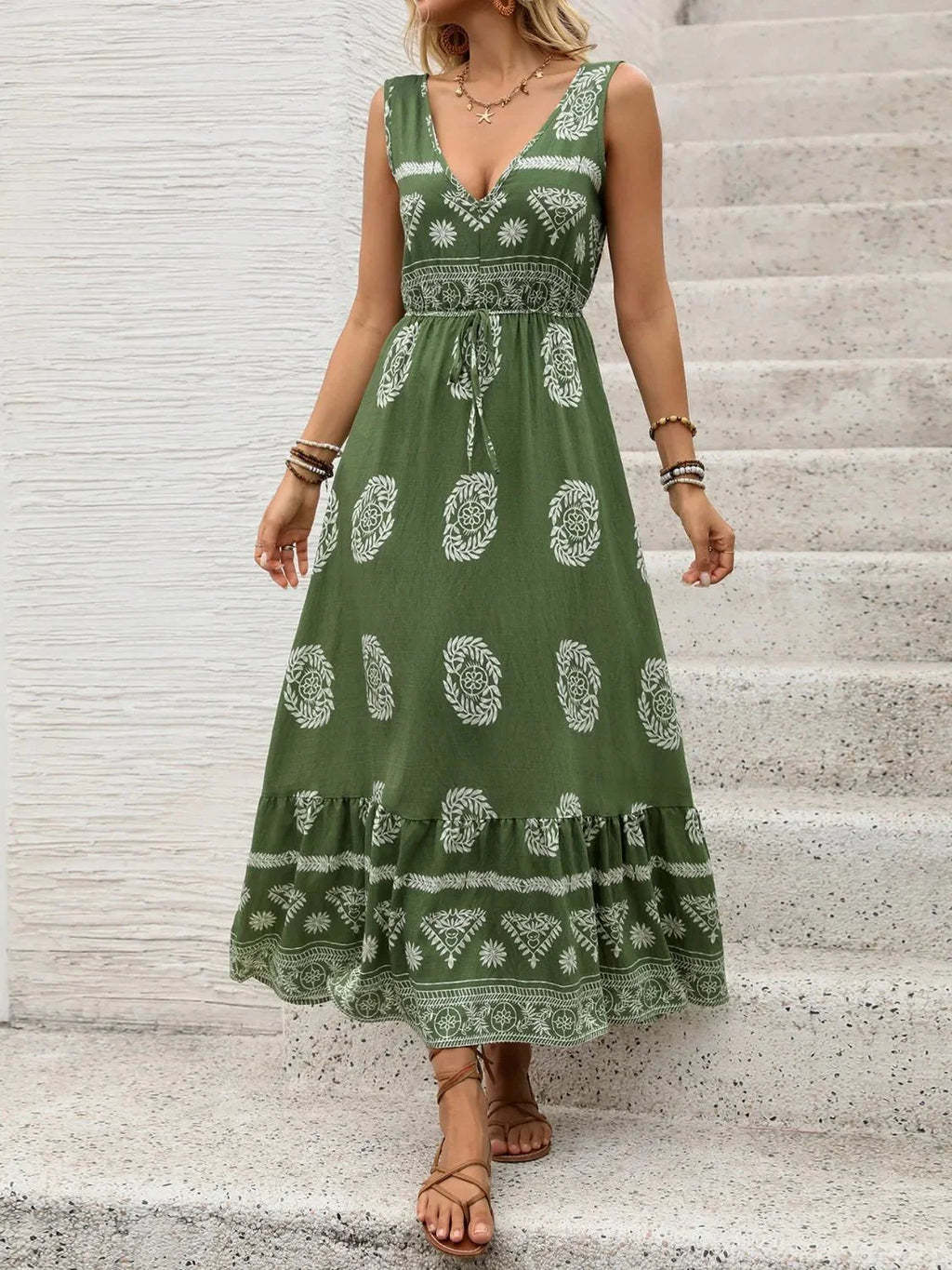 Printed V-Neck Sleeveless Dress for Effortless Style