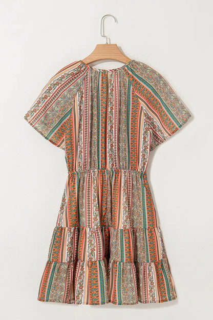 Bohemian Floral Dress with Buttoned V Neck and Ruffle Tiered Design