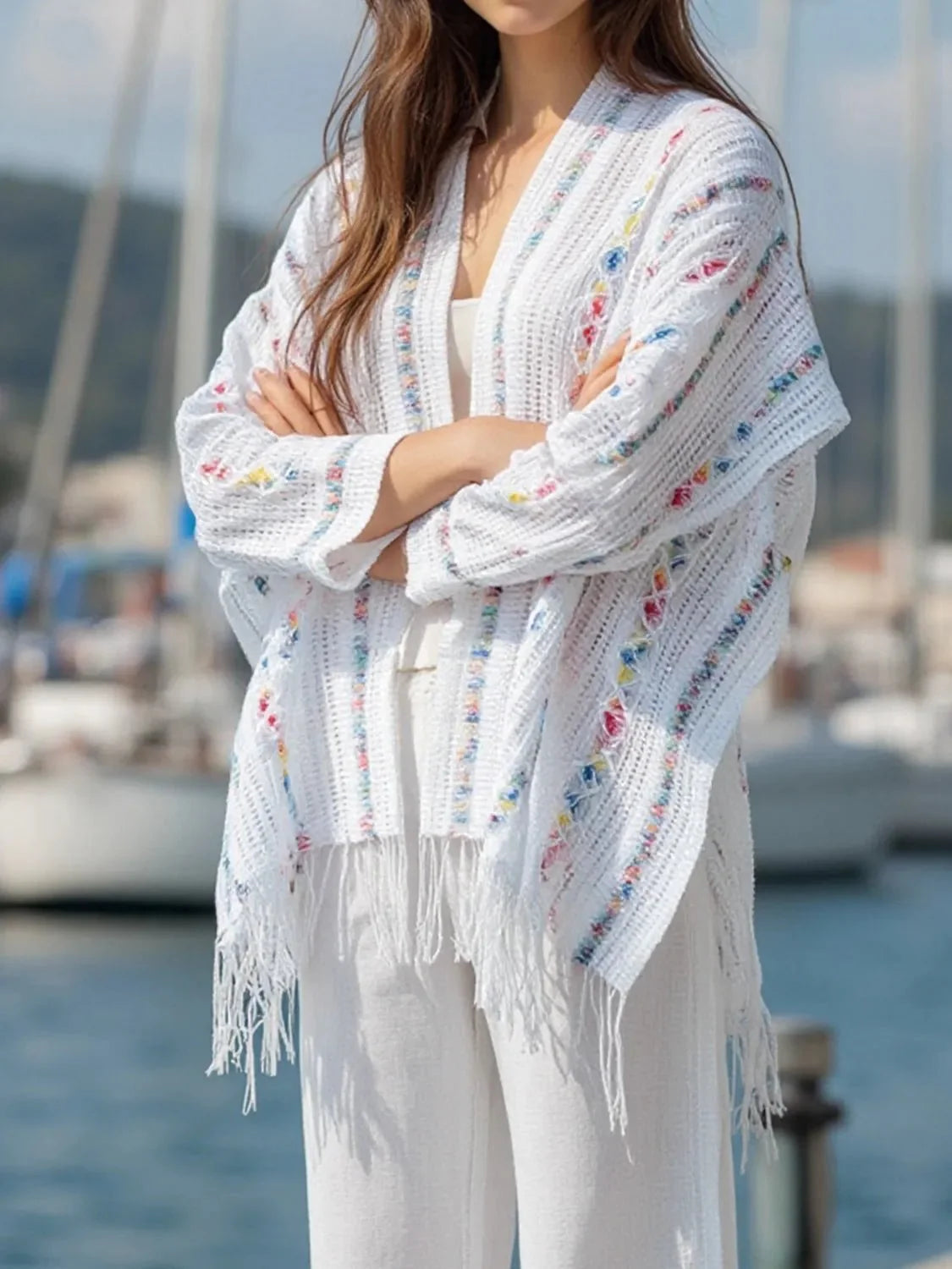 Openwork Fringe Knit Cape with Open Front Design