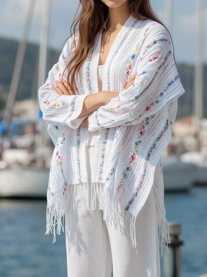 Openwork Fringe Knit Cape with Open Front Design