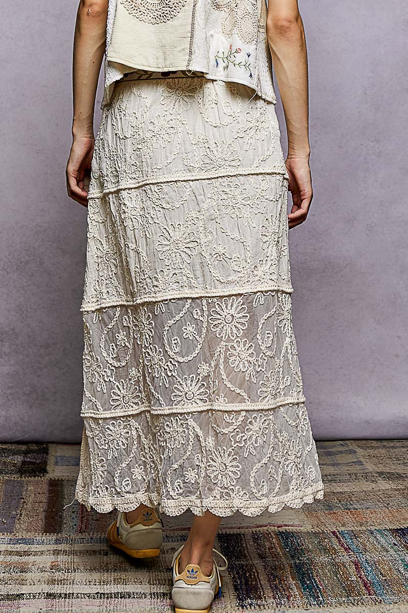 Floral Embroidered Maxi Skirt with Tiered Crochet Design