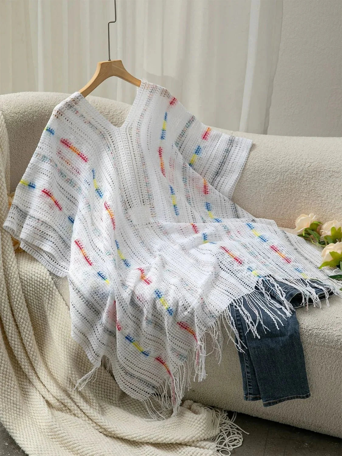 Openwork Fringe Knit Cape with Open Front Design