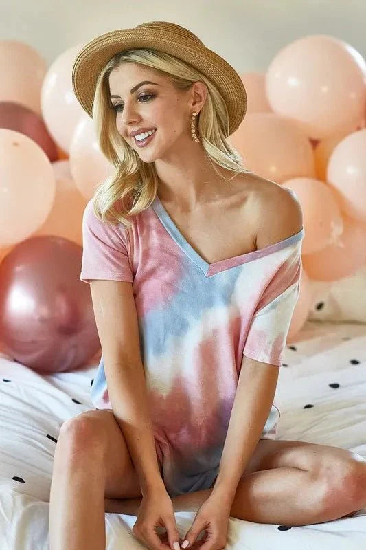 BiBi Tie Dye V Neck Top - Stylish French Terry Shirt for Comfortable Fashion