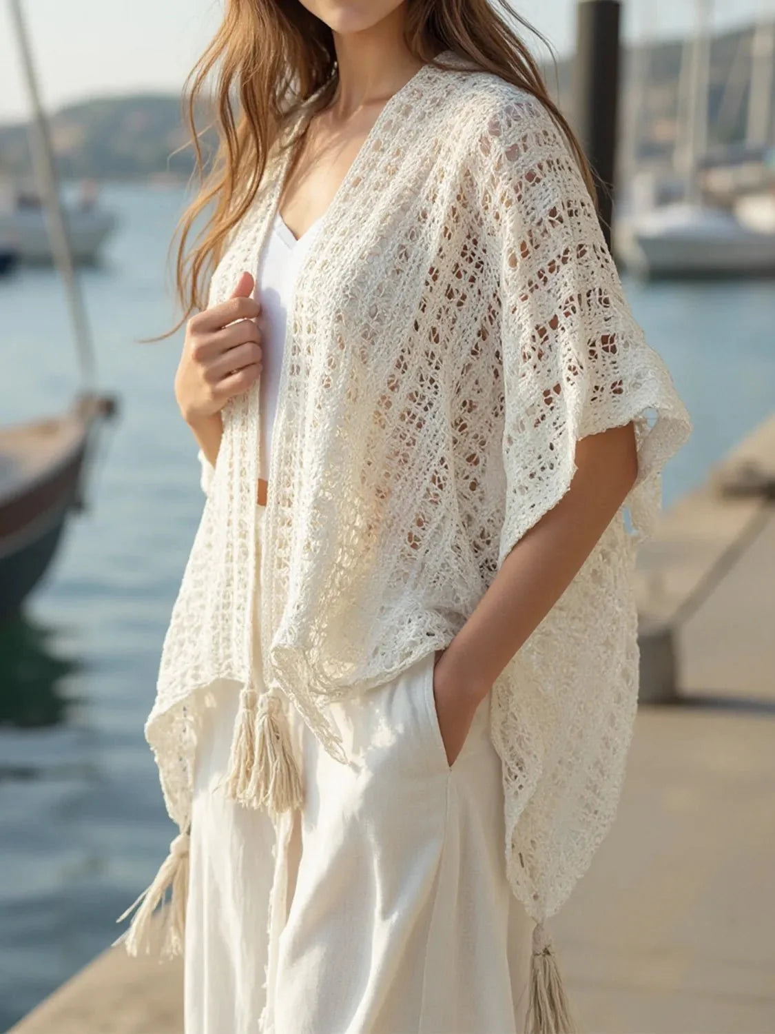 Openwork Tassel Open Front Knit Cover Up for Effortless Style