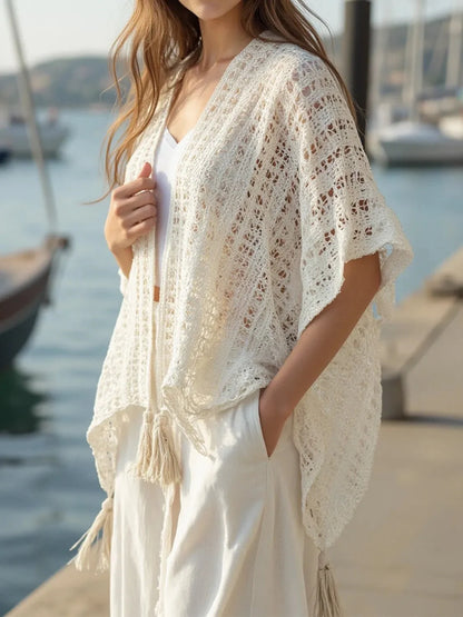 Openwork Tassel Open Front Knit Cover Up for Effortless Style