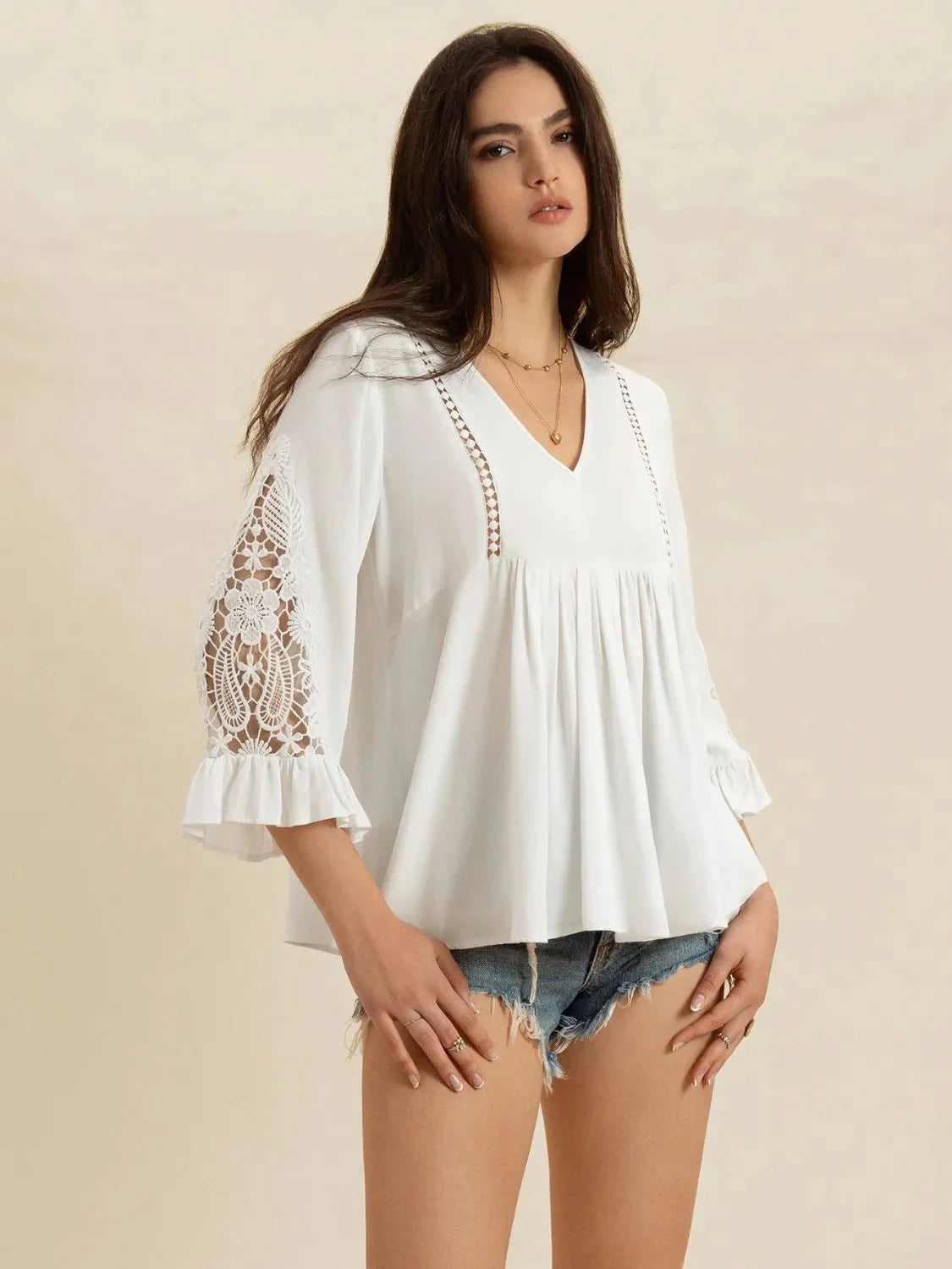 V-Neck Lace Top with Flounce Sleeves
