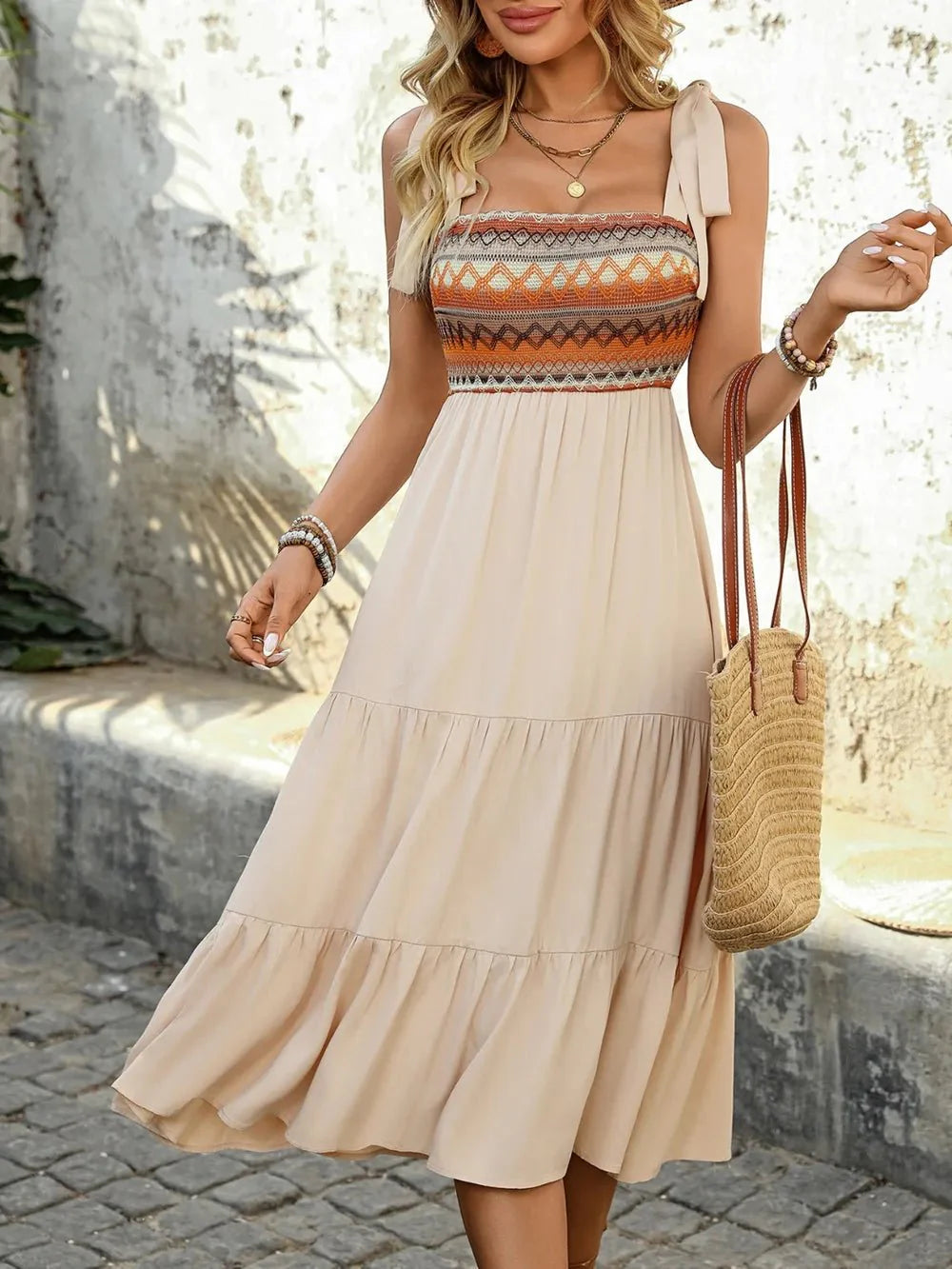 Tie Shoulder Midi Dress - Square Neck Tiered Midi Dress for Effortless Style