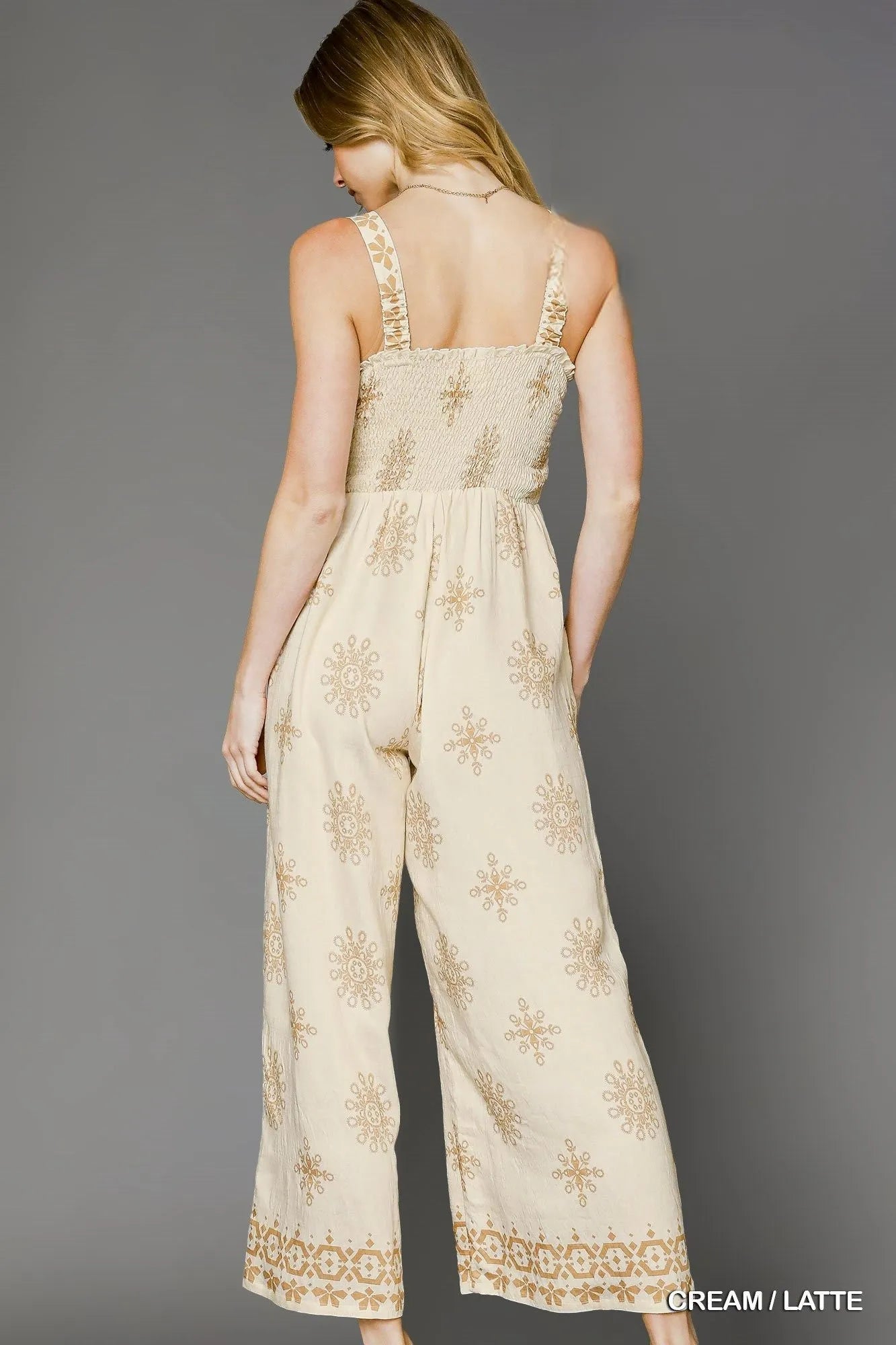 Umgee Wide Leg Jumpsuit with Smocked Print Design