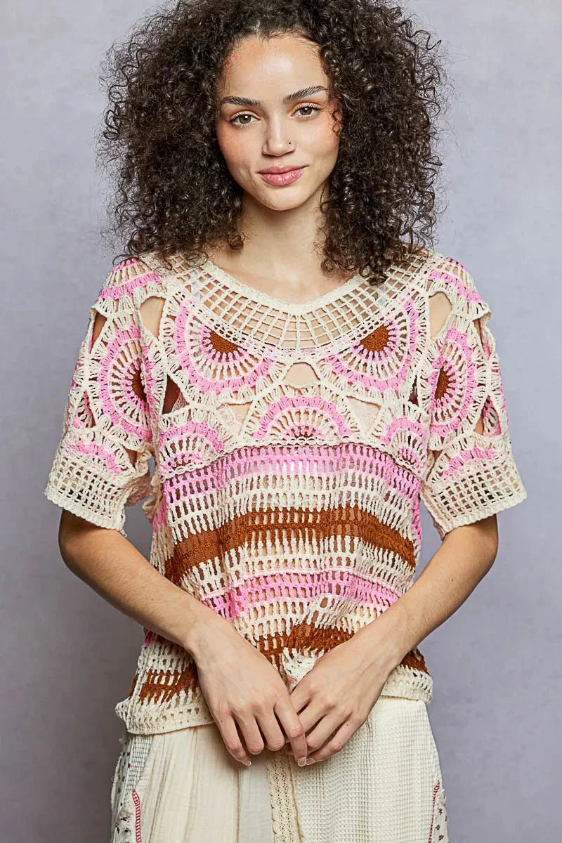 Weave Pattern Crochet Top with Short Sleeves and Border Accents