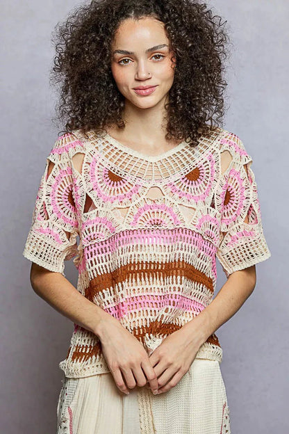 Weave Pattern Crochet Top with Short Sleeves and Border Accents