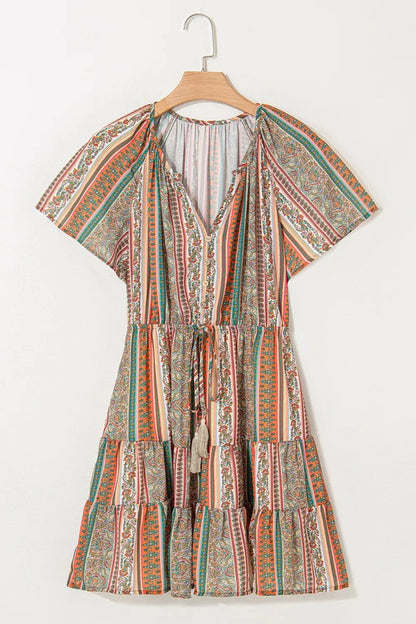 Bohemian Floral Dress with Buttoned V Neck and Ruffle Tiered Design
